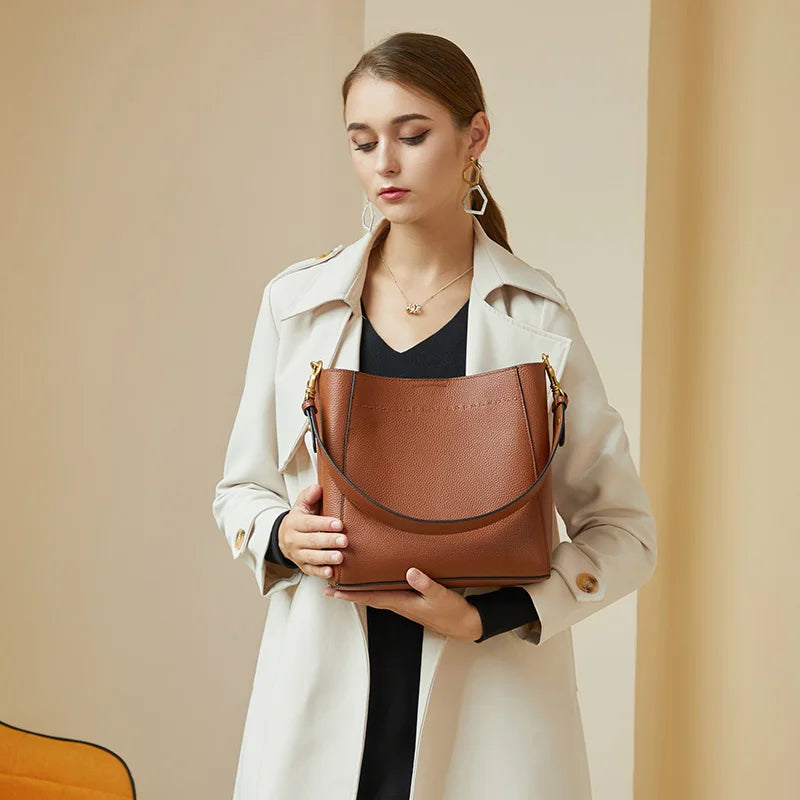 Zency Genuine Leather Bucket Bag – Large Casual Shopper Shoulder Tote for Women