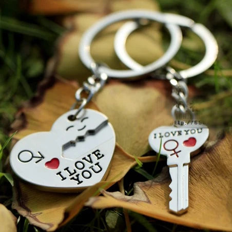 Silver Plated Couple Heart Keychain Gift Set