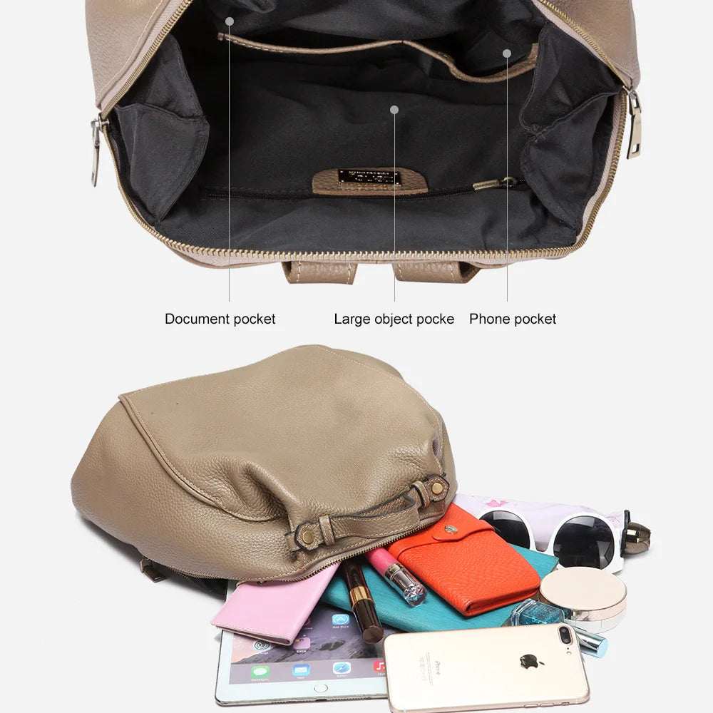 Zency Classic Genuine Leather Women’s Backpack – Khaki Roomy Satchel with A4 & iPad Storage