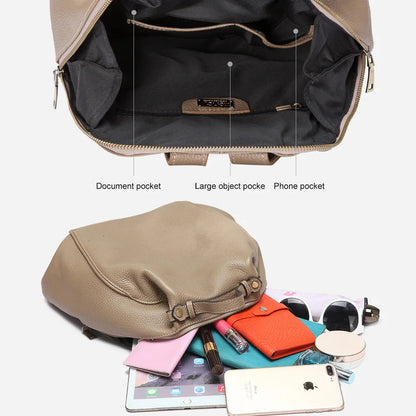 Zency Classic Genuine Leather Women’s Backpack – Khaki Roomy Satchel with A4 & iPad Storage