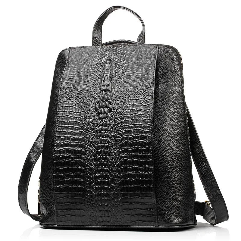 Zency 100% Genuine Leather White Crocodile Pattern Women’s Backpack – Luxury A4 & Laptop Bag