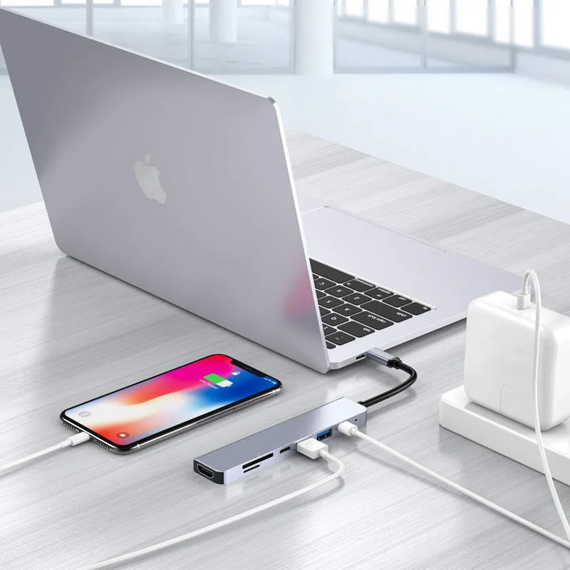 USB-C Hub Adapter – 4K HDMI, SD/TF Card Reader, USB 3.0 & Charging Dock for MacBook & Devices