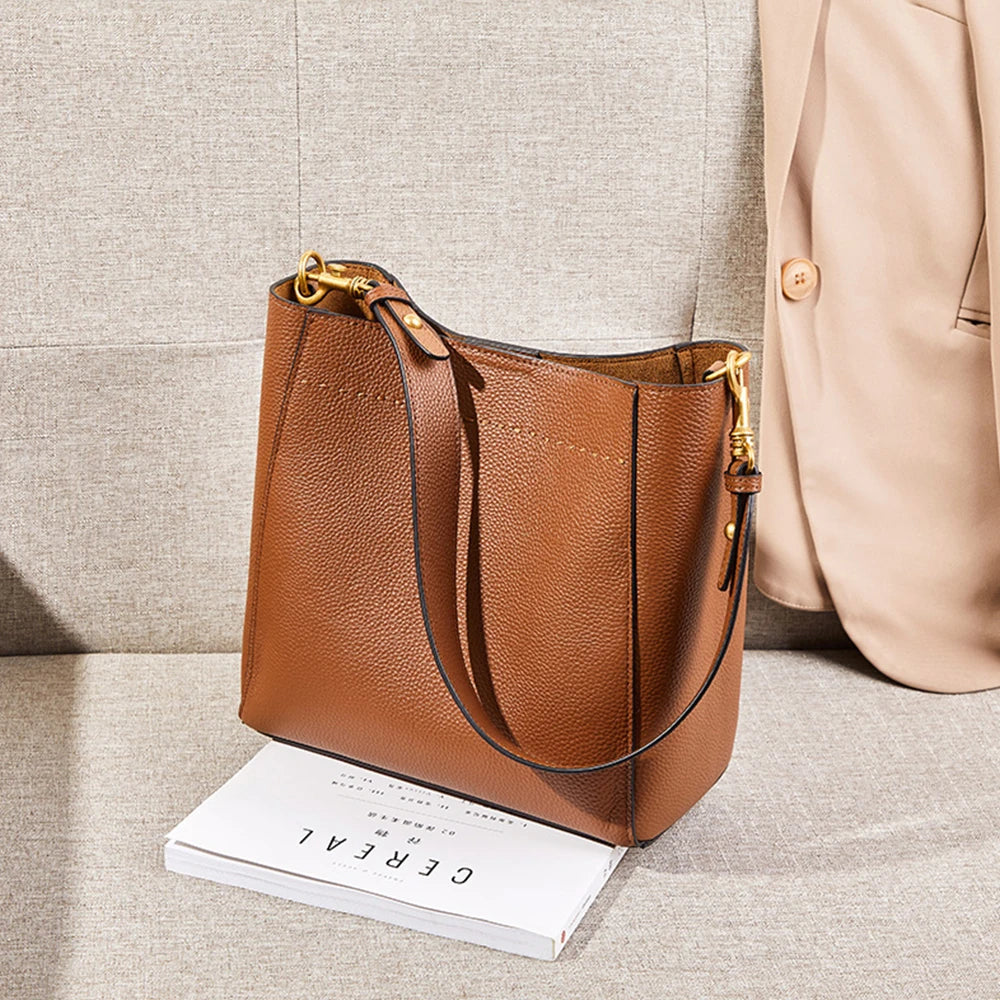 Zency Genuine Leather Bucket Bag – Large Casual Shopper Shoulder Tote for Women