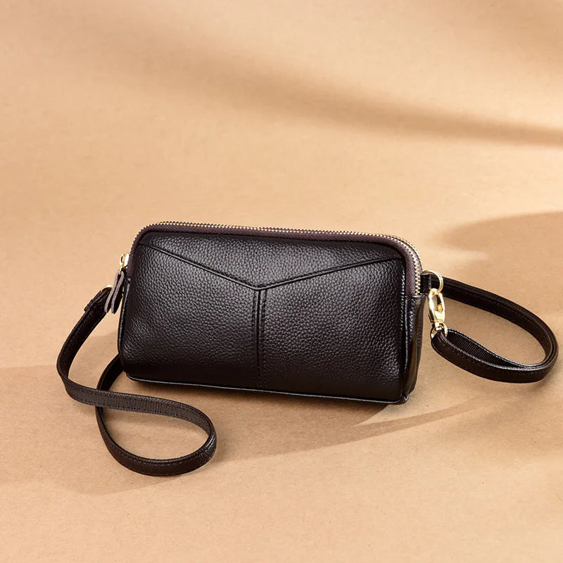 Small Genuine Leather Women’s Crossbody Bag – Solid Color Shoulder & Clutch Handbag
