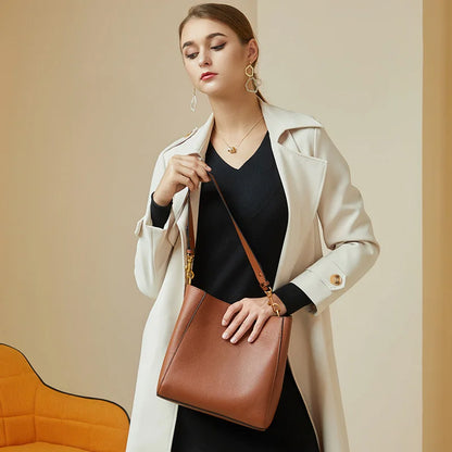 Zency Genuine Leather Bucket Bag – Large Casual Shopper Shoulder Tote for Women