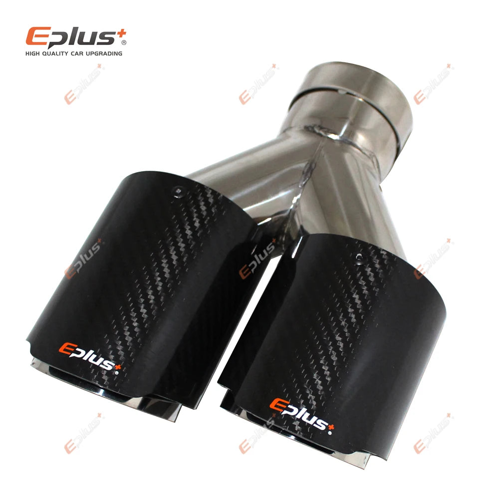 EPLUS Car Carbon Fiber Glossy Muffler Tip Y Shape Double Exit Exhaust Pipe Mufflers Nozzle Decoration Universal Stainless Silver