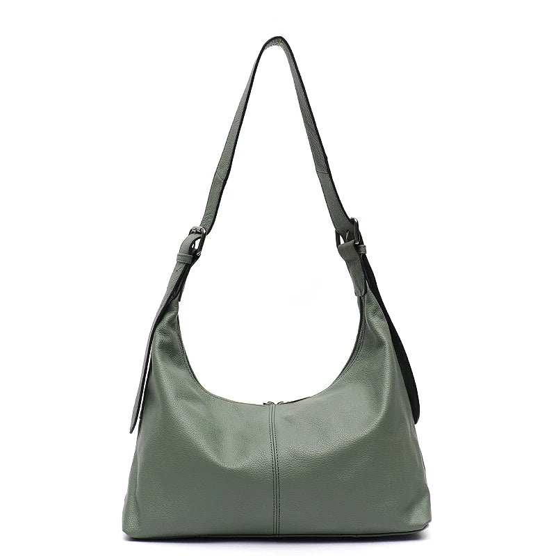 Luxury Cowhide Leather Crossbody Bag – Large Casual Hobo Shoulder Bag with Wide Strap