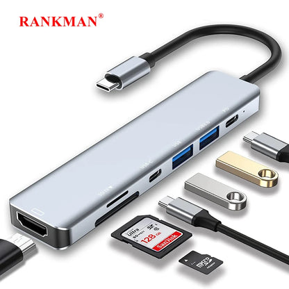 USB-C Hub Adapter – 4K HDMI, SD/TF Card Reader, USB 3.0 & Charging Dock for MacBook & Devices