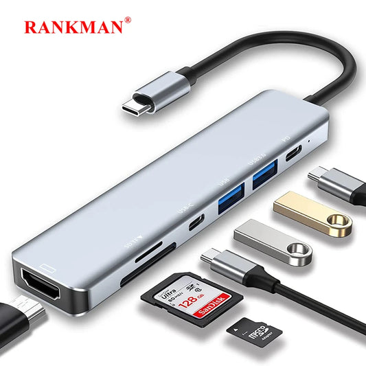 USB-C Hub Adapter – 4K HDMI, SD/TF Card Reader, USB 3.0 & Charging Dock for MacBook & Devices