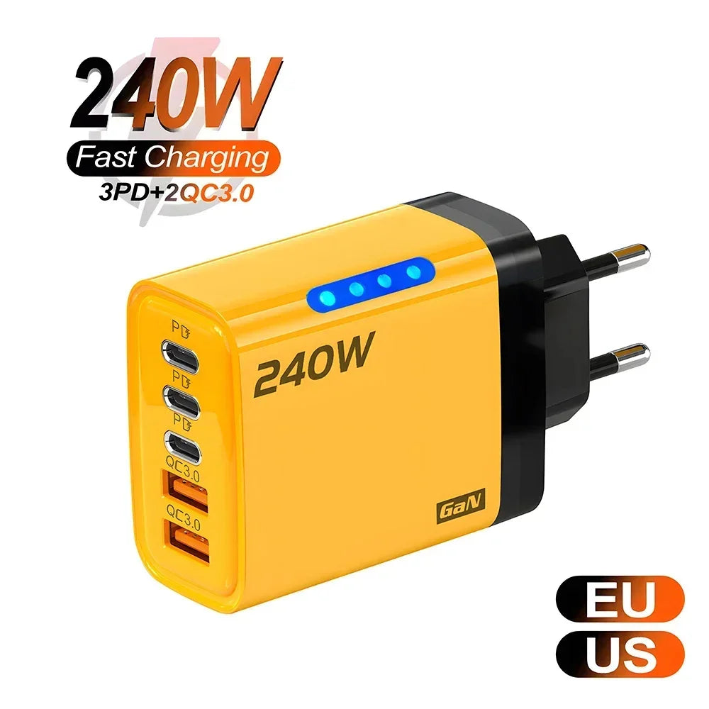 240W GaN USB-C Charger 5-in-1 – Fast Charging Power Adapter (EU/US Plug)
