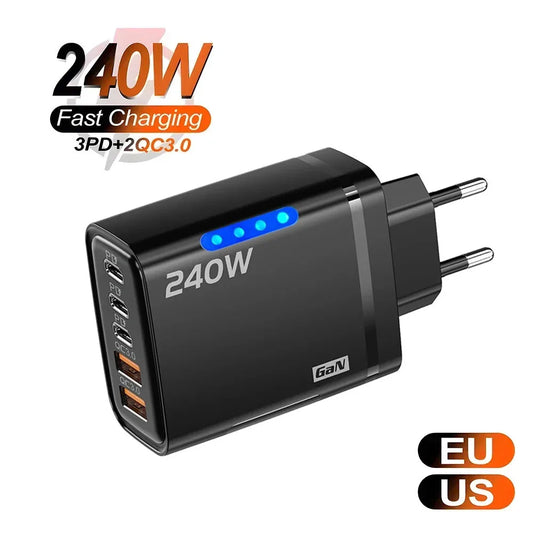 240W GaN USB-C Charger 5-in-1 – Fast Charging Power Adapter (EU/US Plug)