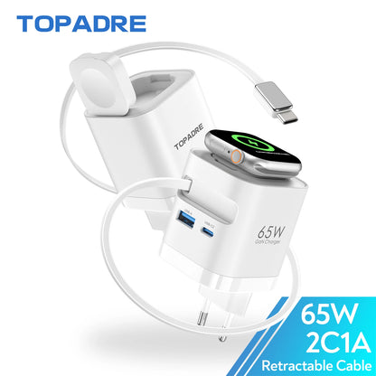 TITLE: TOPADRE 65W Retractable Wireless Charger – Apple Watch, iPhone, iPad & MacBook Foldable Charger