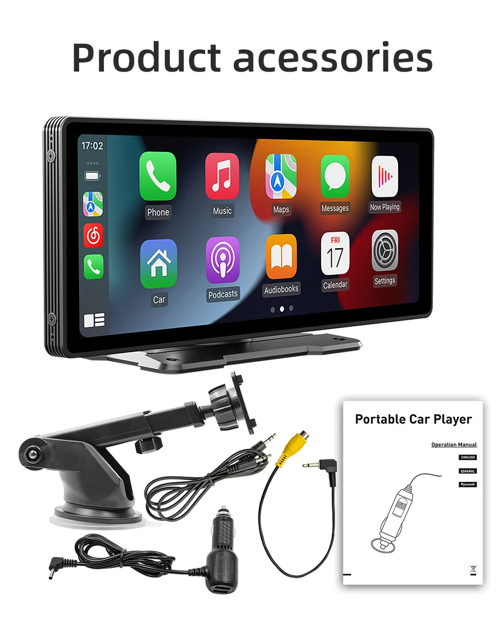 BQCC 10.26” Wireless CarPlay Screen – Portable Car Display with Rear Camera & Android Auto