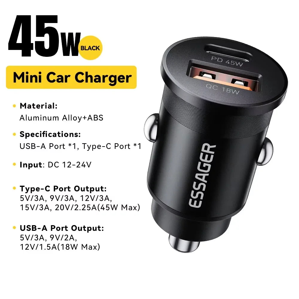 Essager 45W Car Charger Fast Charging Dual Port  PD QC3.0 Type-C Quick Charger for iPhone 16 15 14 Samsung Xiaomi Huawei Oppo