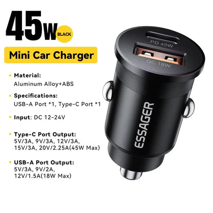 Essager 45W Car Charger Fast Charging Dual Port  PD QC3.0 Type-C Quick Charger for iPhone 16 15 14 Samsung Xiaomi Huawei Oppo