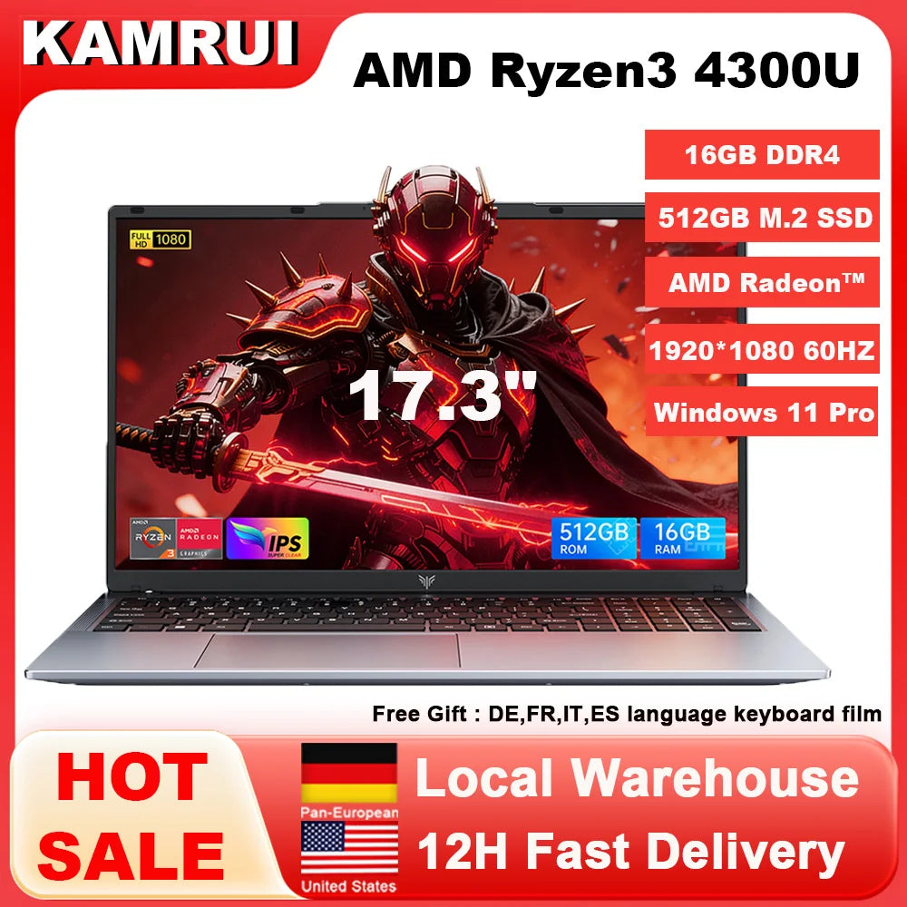 KAMRUI Laptop FHD17.3" Ultar Slim AMD Ryzen3 4300U/Intel N95 16GB DDR4 512GB SSD Max 3.7GHz Radeon Vega5 Win11pro Wifi5 Notebook