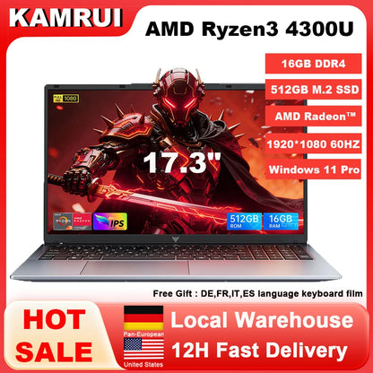 KAMRUI Laptop FHD17.3" Ultar Slim AMD Ryzen3 4300U/Intel N95 16GB DDR4 512GB SSD Max 3.7GHz Radeon Vega5 Win11pro Wifi5 Notebook