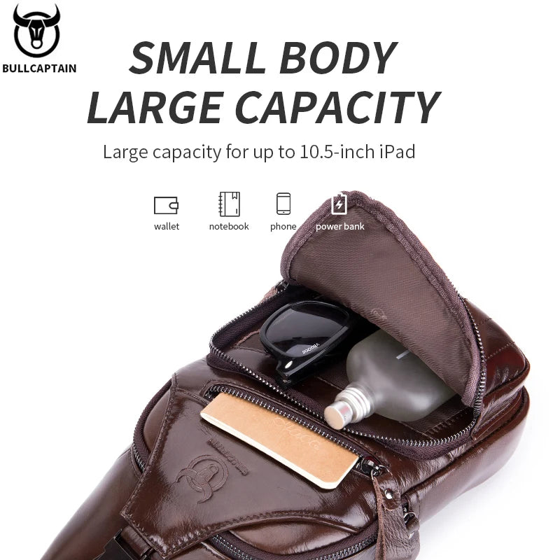 BULLCAPTAIN Genuine Leather Men’s Chest Bag – Large Capacity Casual Crossbody Sling Bag