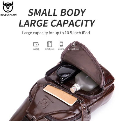 BULLCAPTAIN Genuine Leather Men’s Chest Bag – Large Capacity Casual Crossbody Sling Bag