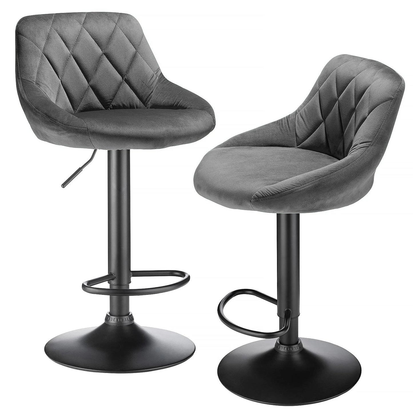 Set of 2 Swivel Velvet Bar Stools – Height Adjustable Chairs with Backrest