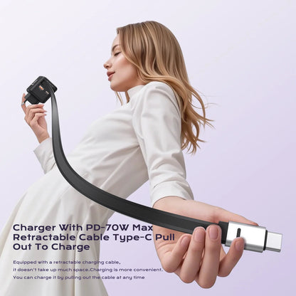 70W GaN 3-in-1 Fast Charger with Retractable USB-C Cable – PD3.0 QC4.0 for iPhone, Xiaomi & Laptop