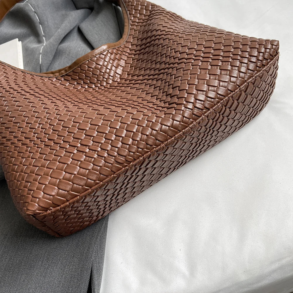 Stylish Women Large Shoulder Bag with Pouch Trendy PU Woven Tote Satchel Bag for Everyday Use and Shopping