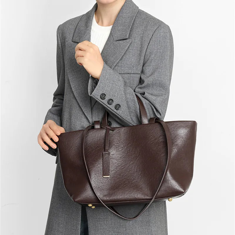 Genuine Leather Women’s Tote Bag – Vintage Luxury Large Capacity Shoulder Handbag