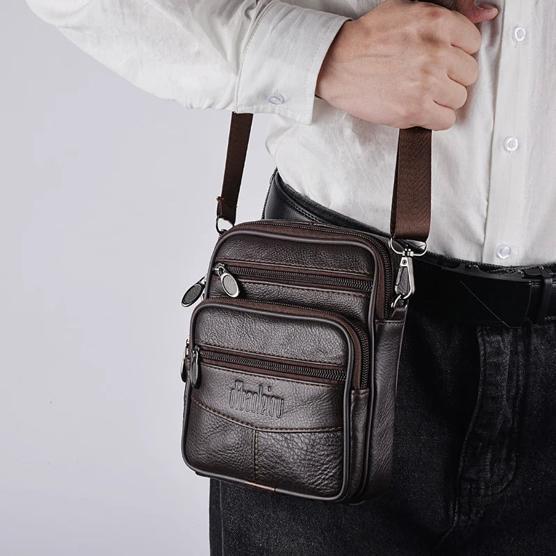 Men’s Genuine Leather Crossbody Bag – Retro Business Messenger Bag with Zipper Pockets