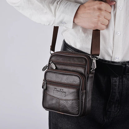 Men’s Genuine Leather Crossbody Bag – Retro Business Messenger Bag with Zipper Pockets