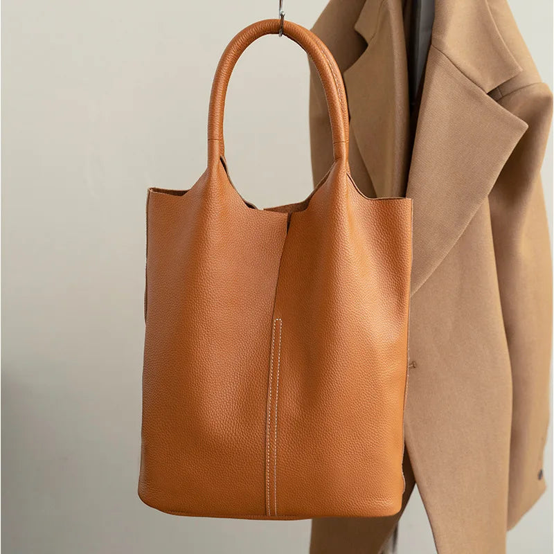 Genuine Leather Bucket Tote Bag – Luxury Cowhide Shoulder Shopper for Women