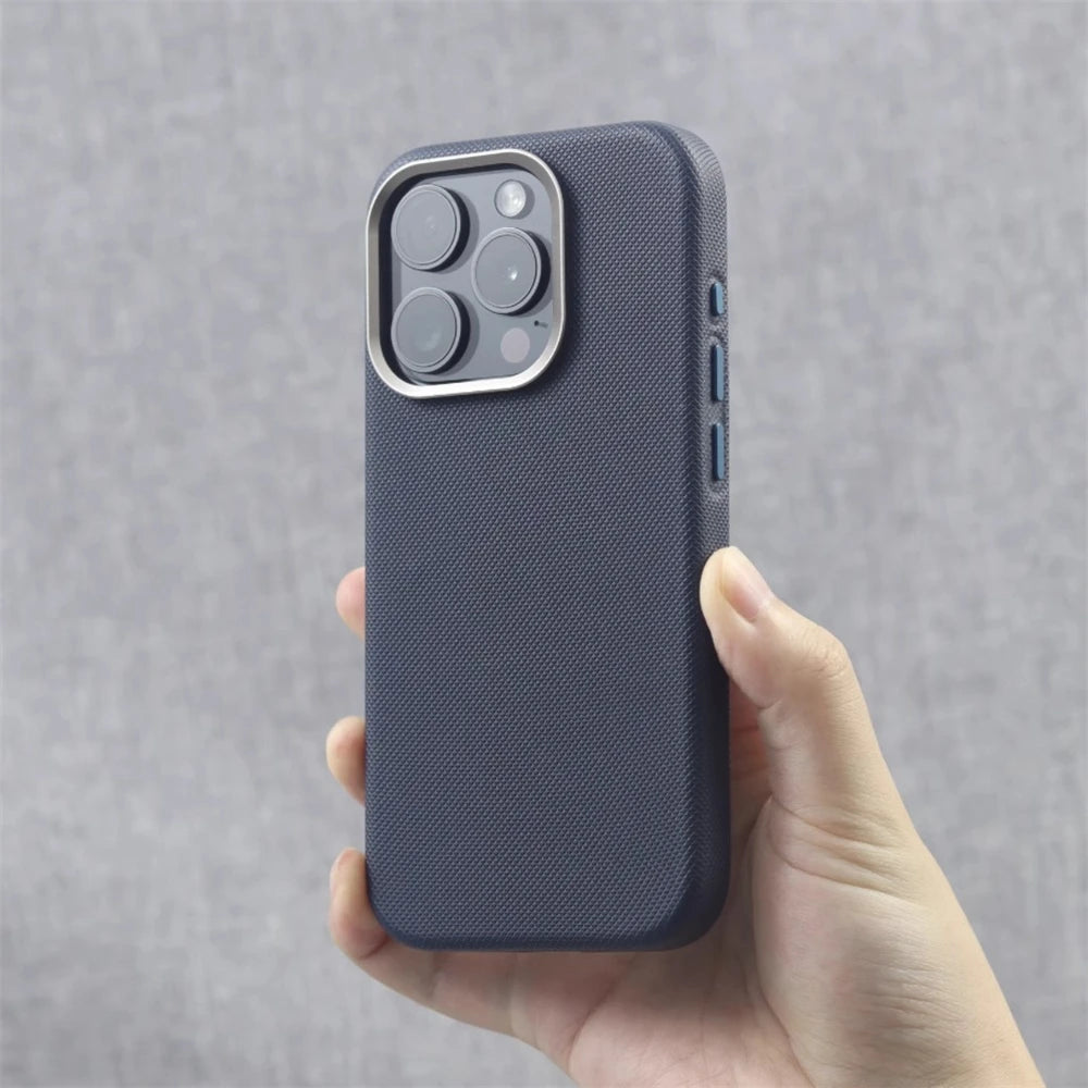 Luxury Alloy Lens Frame Leather Magnetic Case – MagSafe Compatible for iPhone 17/16/15/14/13 Pro Max