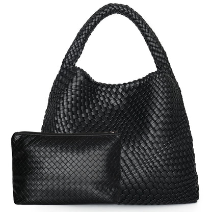 Woven Tote Bag for Women – Large Soft Leather Shoulder Bag with Purse
