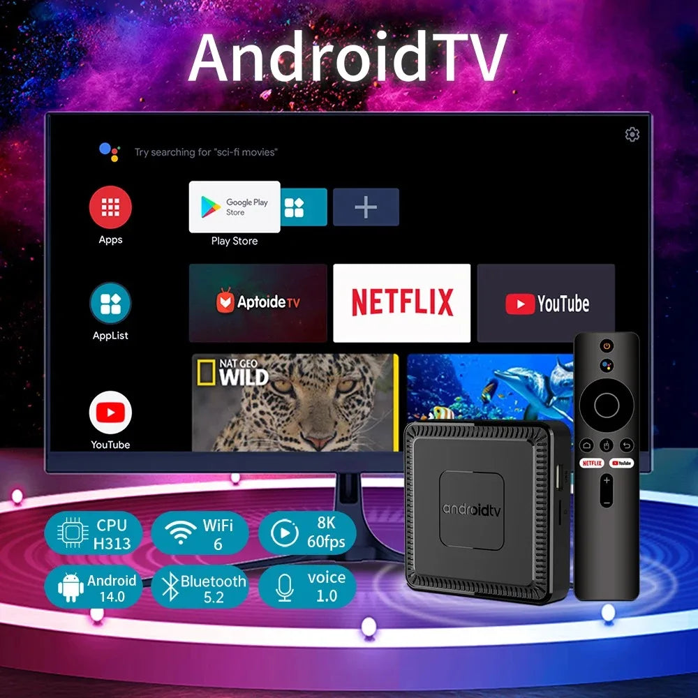 Q7 New Android 14 TV Box 8GB+128GB Smart Network Set-Top Box Supports WiFi 6 Bluetooth 5.0 4K HDR10 Voice Remote Control TV Box