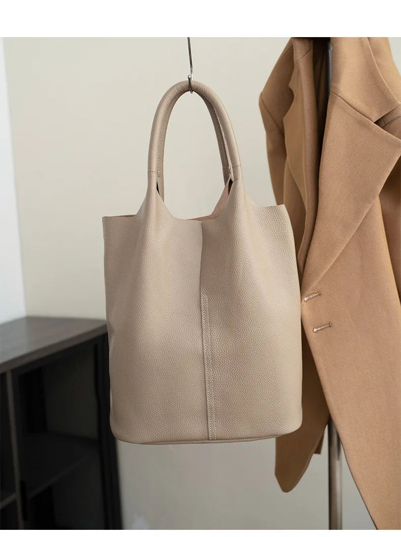 Genuine Leather Bucket Tote Bag – Luxury Cowhide Shoulder Shopper for Women