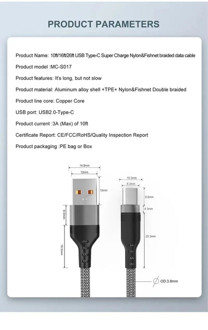 USB-C Fast Charging Cable 5A – Super Fast Charge for iPhone 15/16/17, Samsung, Huawei & More