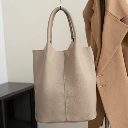 Genuine Leather Bucket Tote Bag – Luxury Cowhide Shoulder Shopper for Women