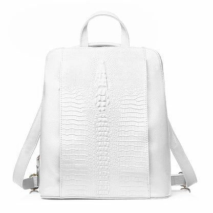 Zency 100% Genuine Leather White Crocodile Pattern Women’s Backpack – Luxury A4 & Laptop Bag