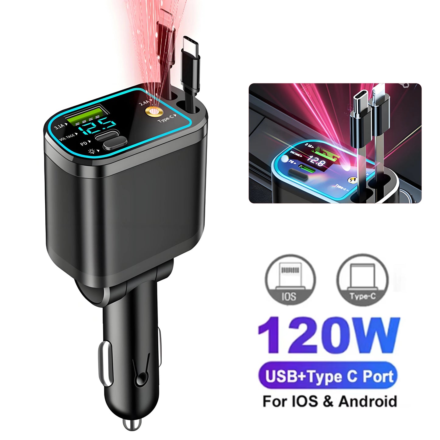 50W Car Charger PD30W – Fast Charging Cigarette Lighter Adapter with Voltage Display