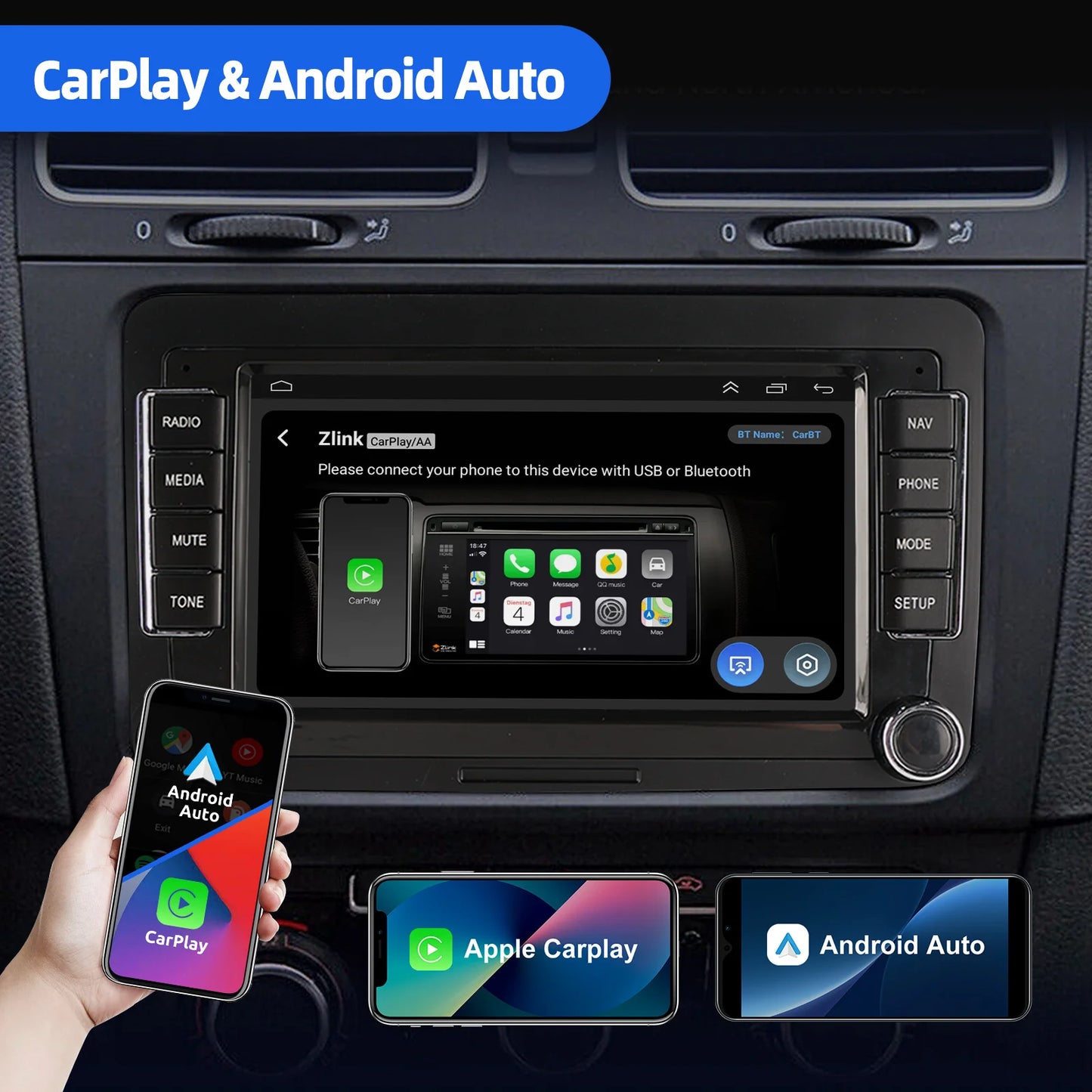ESSGOO 7" Android14 Carplay Car Stereo GPS NAV RDS FM BT for VW Golf 5 6 Passat Polo 6R Touran Tiguan Caddy EOS Jetta Seat Skoda