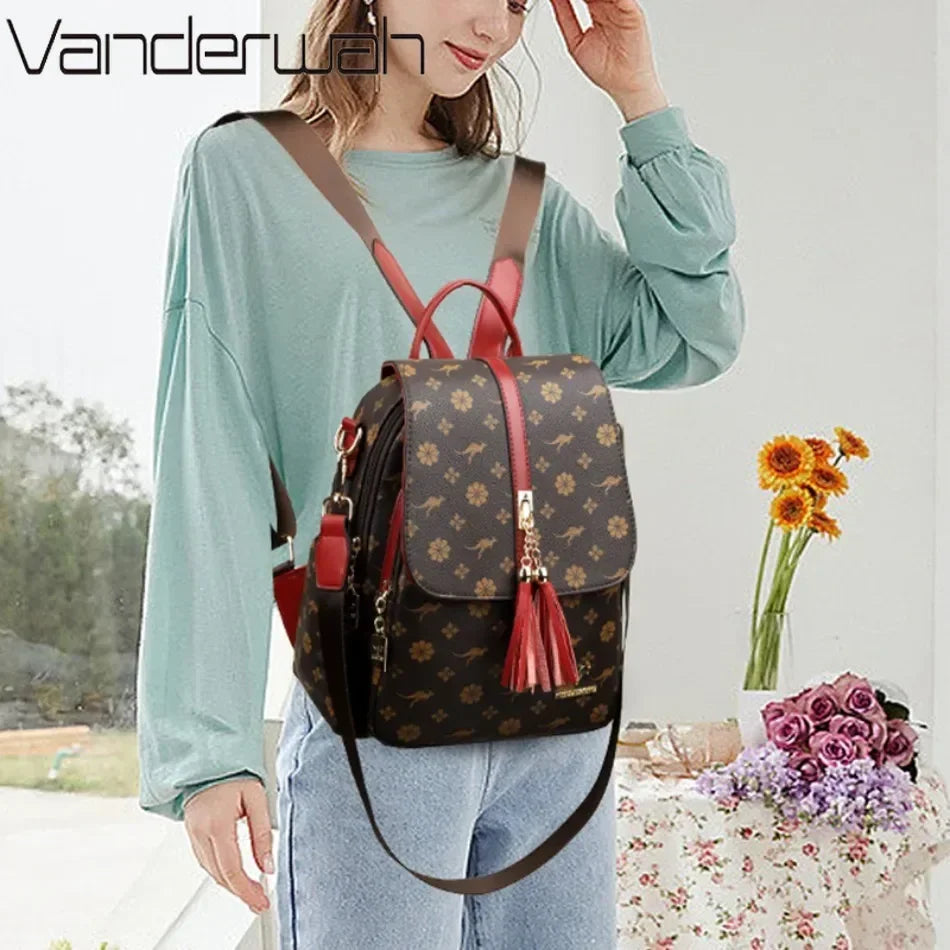 Luxury Designer Leather Women’s Backpack with Tassels – Large Capacity Fashion School Bag