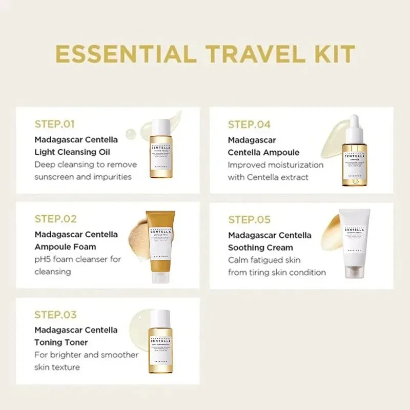 🌿 SKIN1004 Madagascar Centella Travel Kit – Mini 5pcs Skincare Set (Toner, Ampoule, Cream & Cleanser)