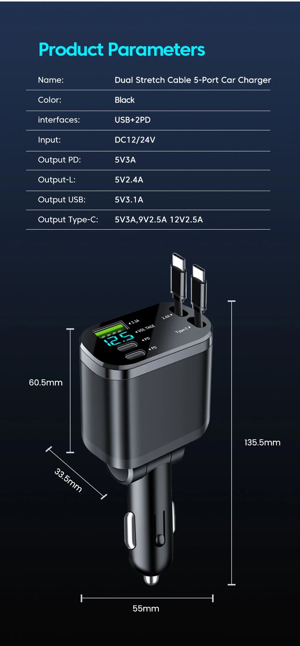 50W Car Charger PD30W – Fast Charging Cigarette Lighter Adapter with Voltage Display