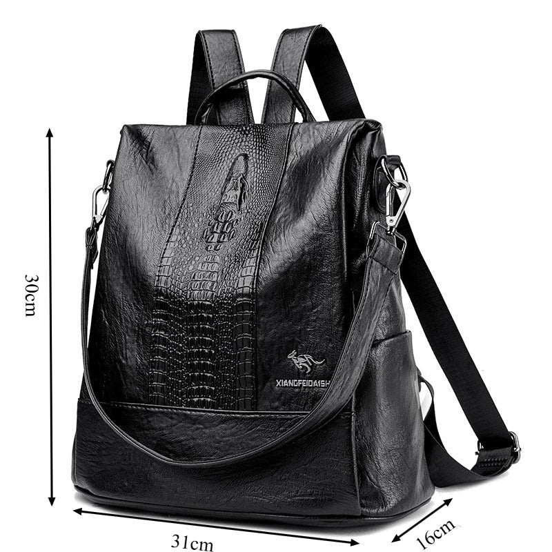 Women’s Crocodile Pattern Leather Backpack – Large Capacity Designer School & Travel Bag