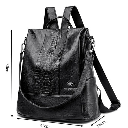 Women’s Crocodile Pattern Leather Backpack – Large Capacity Designer School & Travel Bag