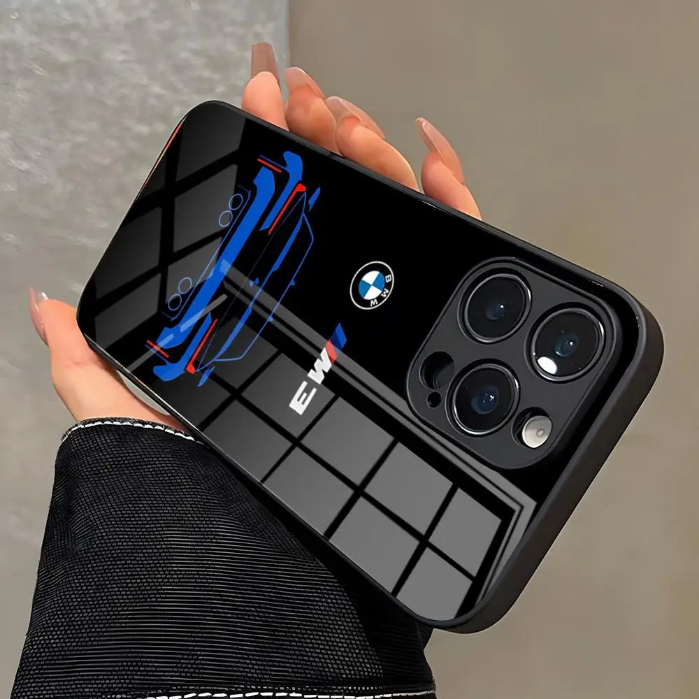Luxury BMW Style Glass Phone Case for iPhone