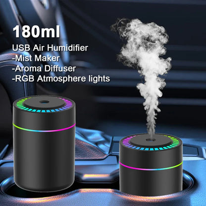 Mini USB Air Humidifier 180ml – Aroma Diffuser & Essential Oil Mist Maker with LED Light