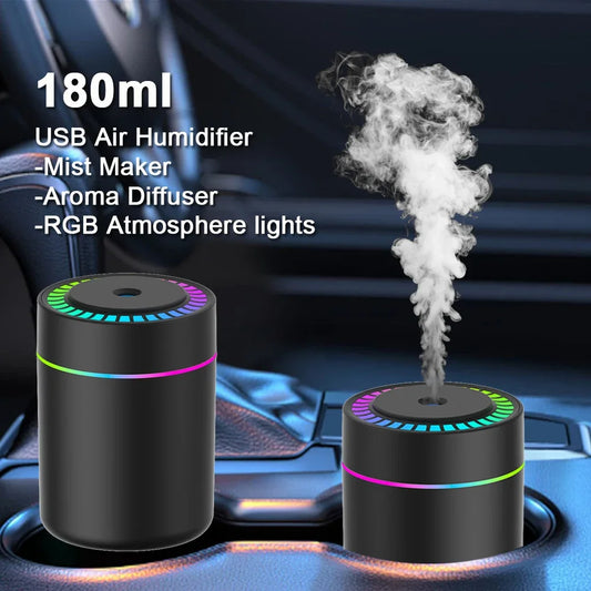 Mini USB Air Humidifier 180ml – Aroma Diffuser & Essential Oil Mist Maker with LED Light