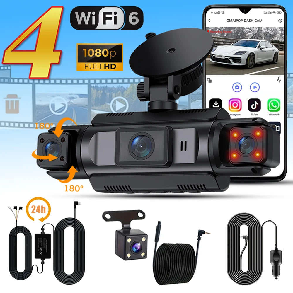 Car Dash Cam 4 Channel Black Box WiFi Driving Camera FHD 1080P Front Left Right Rear Night Vision Loop Recording add Hardwirekit