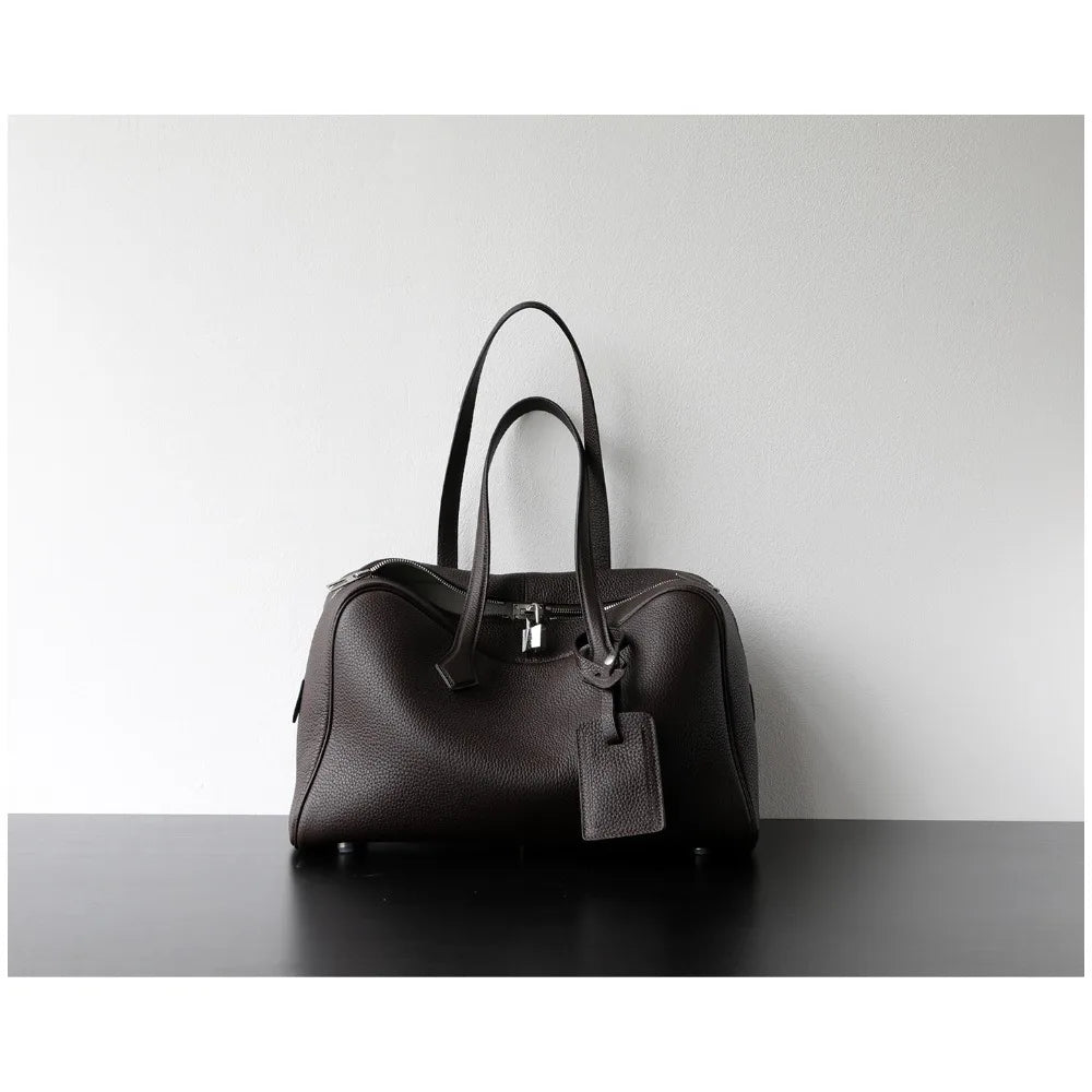 Premium Cowhide Boston Bag – Genuine Leather Large Capacity Women’s Bowling & Messenger Bag