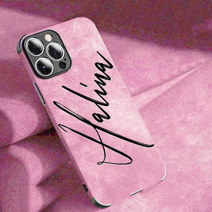 Large Brush Calligraphy Name Customized Phone Case For iPhone 16 15 14 13 12 11 Pro Max Lambskin Faux Leather Shockproof Cover